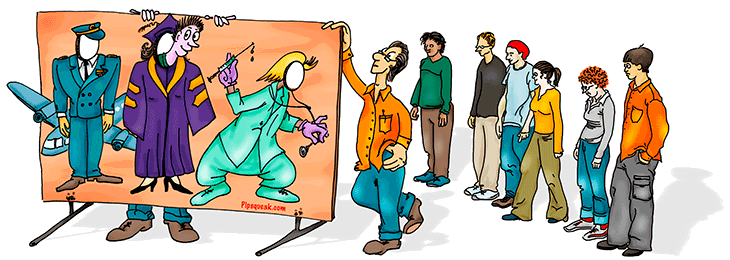 Cartoon of people lining up to try on different personas.