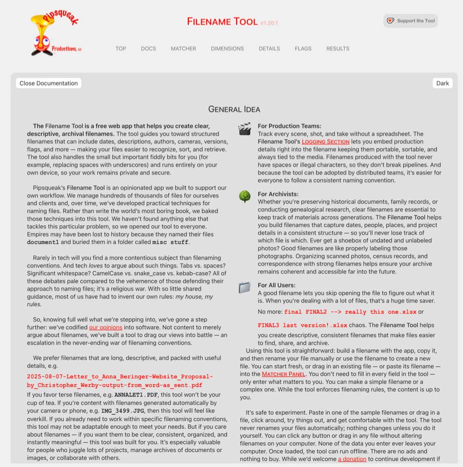Filename Tool’s Docs Panel Screenshot