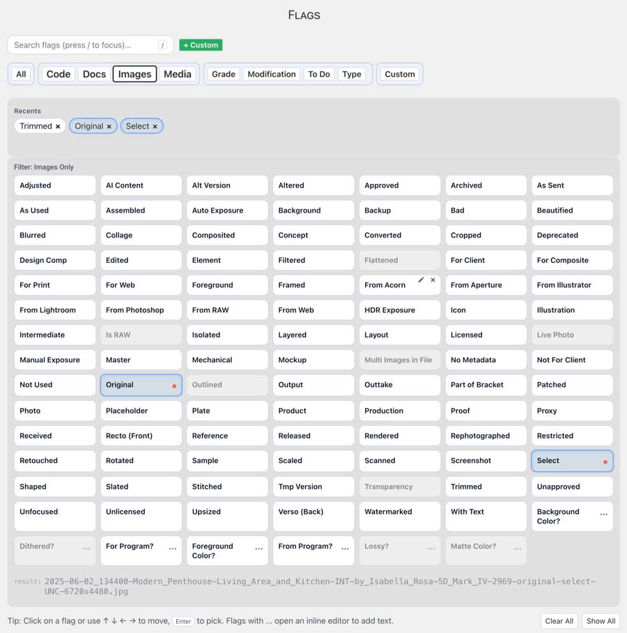 Filename Tool’s Flags Panel Screenshot