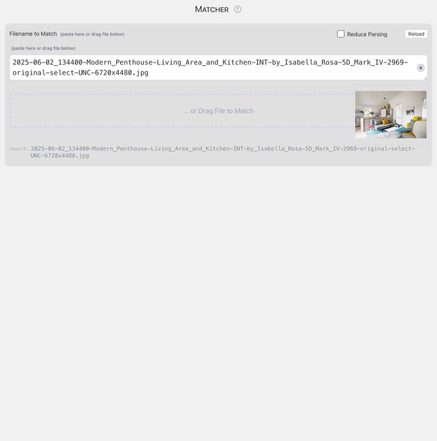 Filename Tool’s Matcher Panel Screenshot