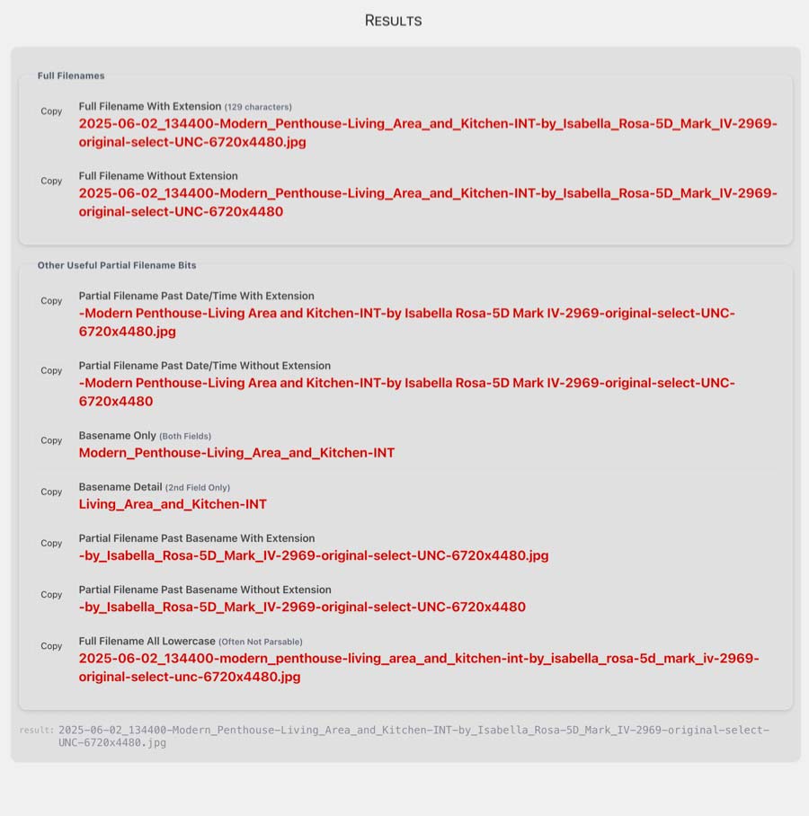 Filename Tool’s Results Panel Screenshot